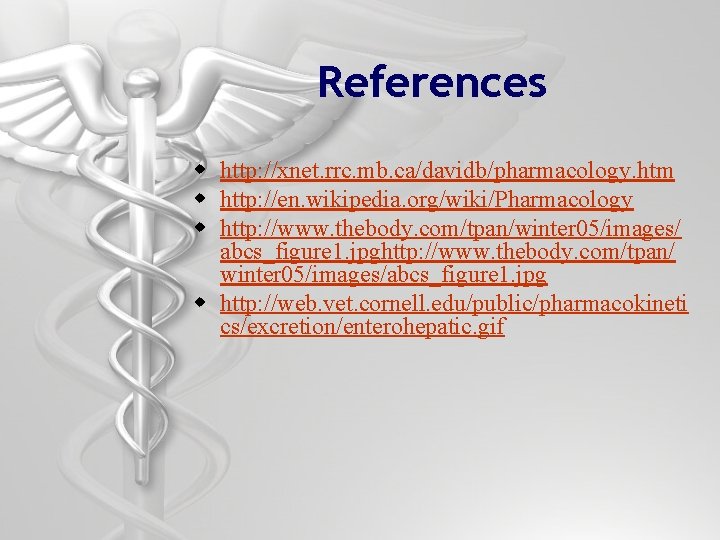 References w http: //xnet. rrc. mb. ca/davidb/pharmacology. htm w http: //en. wikipedia. org/wiki/Pharmacology w