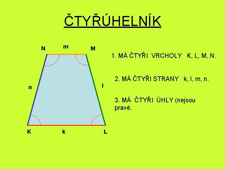ČTYŘÚHELNÍK N m M 1. MÁ ČTYŘI VRCHOLY K, L, M, N. 2. MÁ