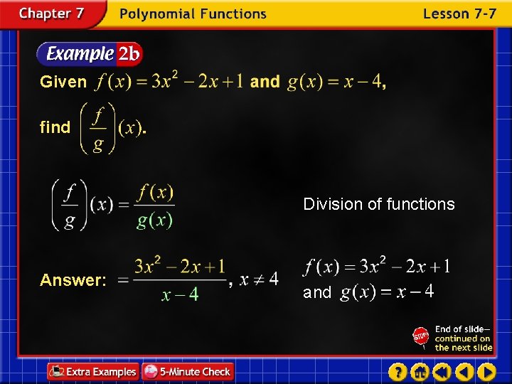 Given find Division of functions Answer: and 