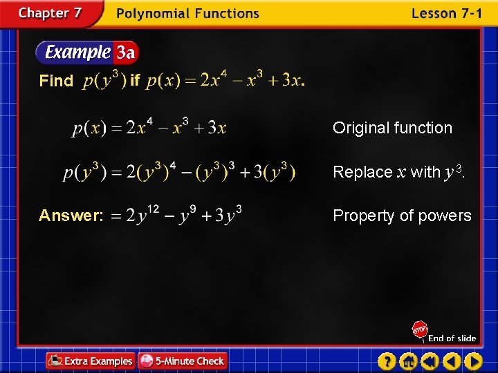 Find Original function Replace x with y 3. Answer: Property of powers 
