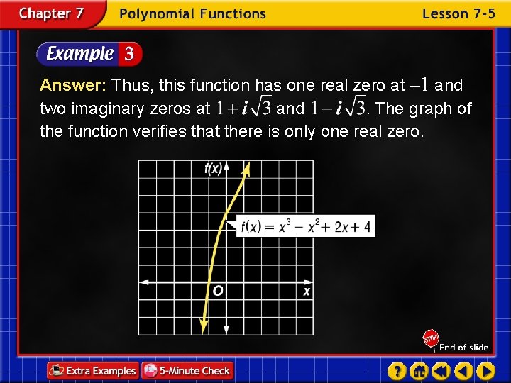 Answer: Thus, this function has one real zero at – 1 and two imaginary