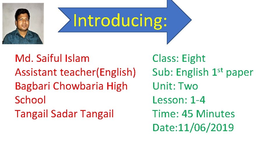 Introducing: Md. Saiful Islam Assistant teacher(English) Bagbari Chowbaria High School Tangail Sadar Tangail Class: