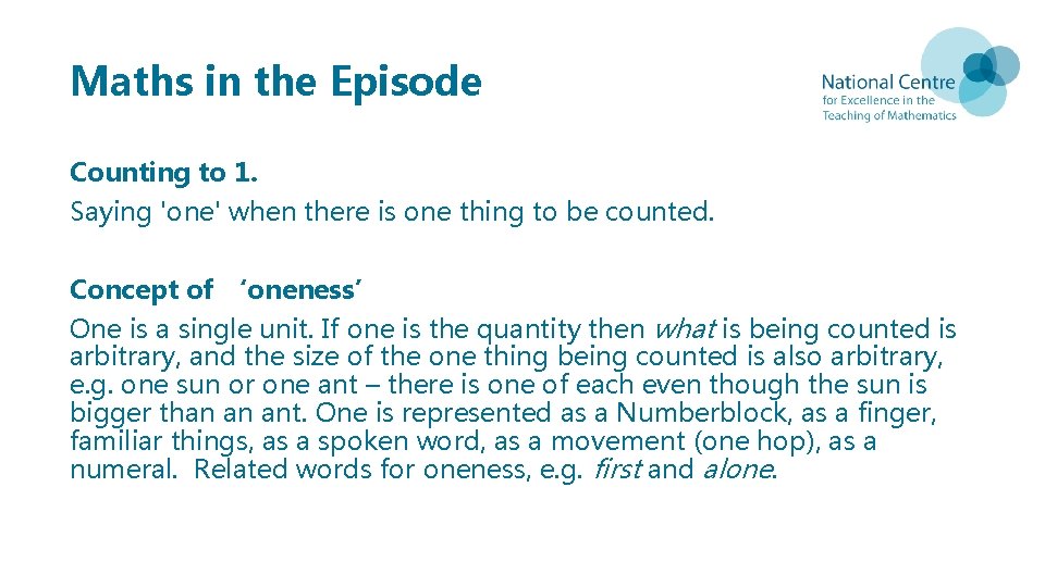 Maths in the Episode Counting to 1. Saying 'one' when there is one thing