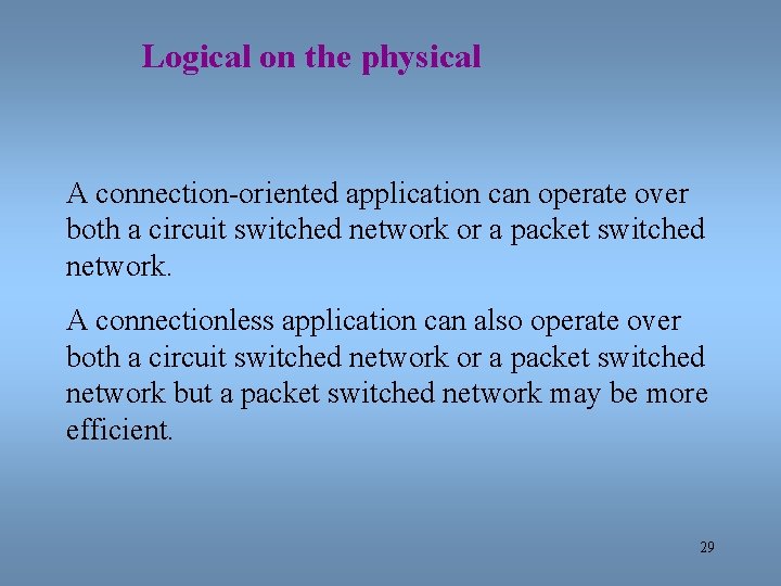 Logical on the physical A connection-oriented application can operate over both a circuit switched
