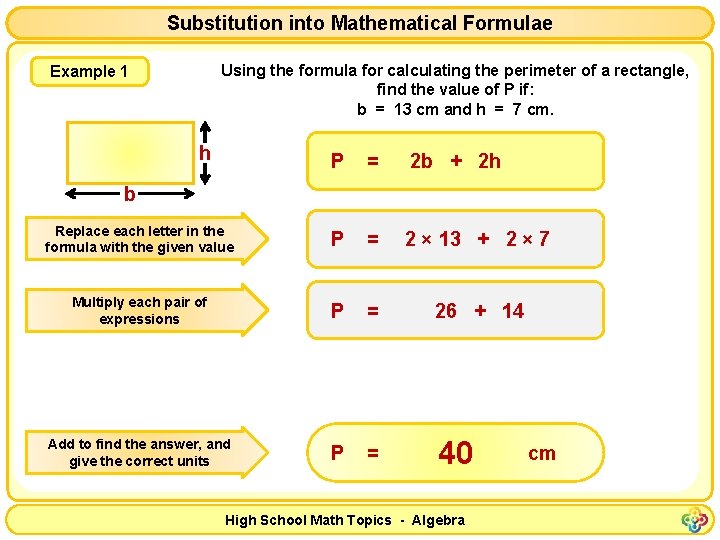 Substitution into Mathematical Formulae Using the formula for calculating the perimeter of a rectangle,