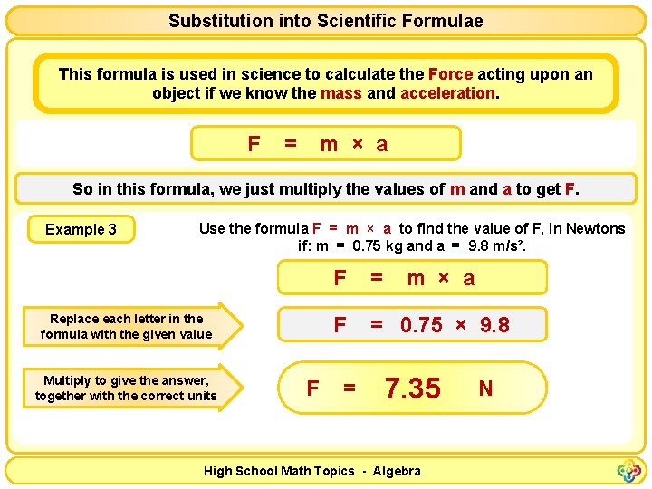 Substitution into Scientific Formulae This formula is used in science to calculate the Force