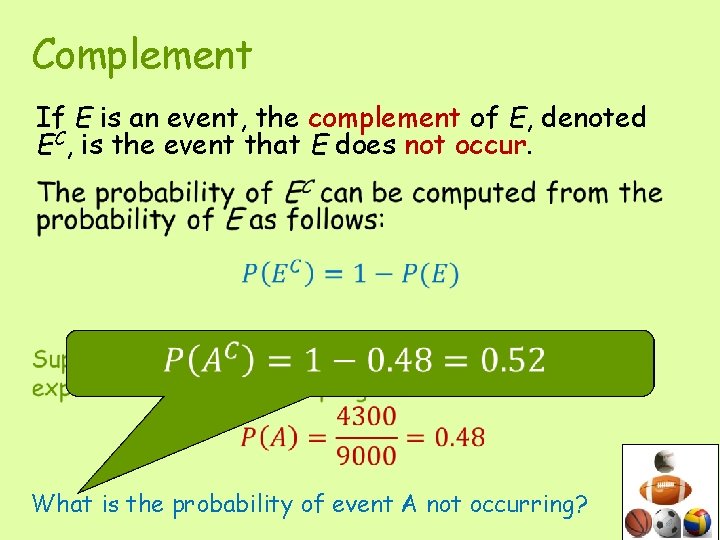 Complement If E is an event, the complement of E, denoted EC, is the