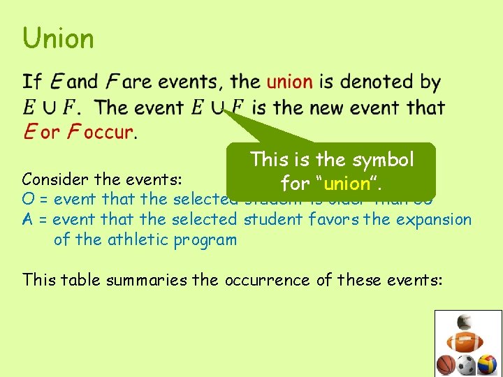 Union • This is the symbol for “union”. Consider the events: O = event