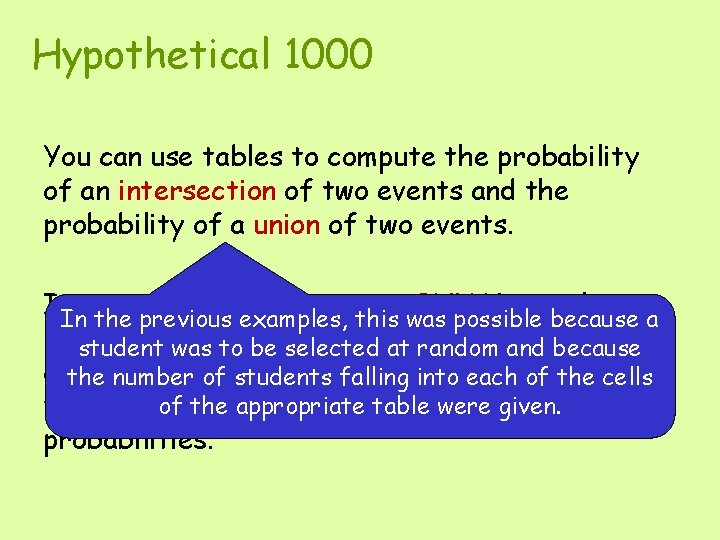 Hypothetical 1000 You can use tables to compute the probability of an intersection of