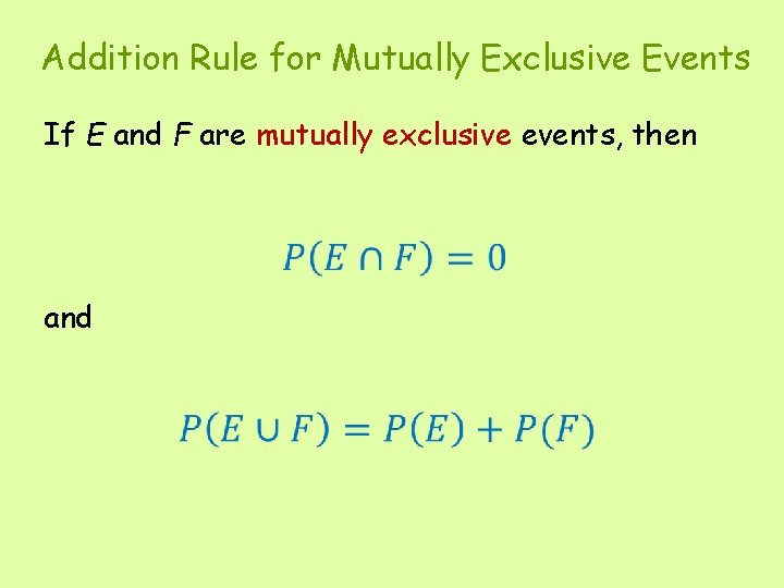 Addition Rule for Mutually Exclusive Events If E and F are mutually exclusive events,