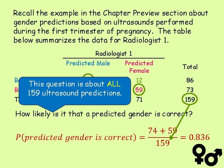 Recall the example in the Chapter Preview section about gender predictions based on ultrasounds