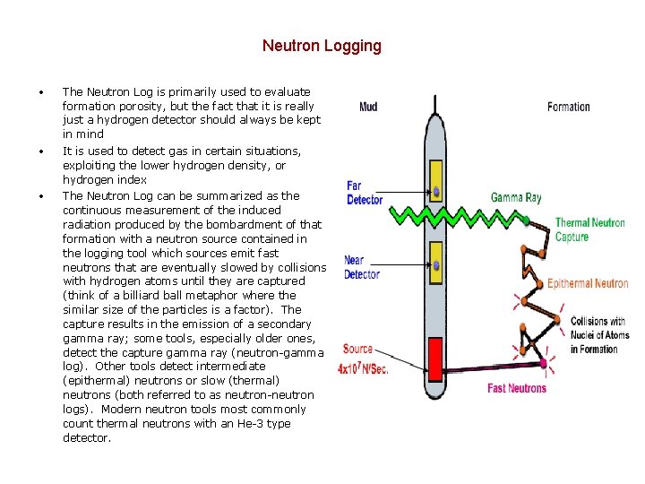 Neutron Logging • The Neutron Log is primarily used to evaluate formation porosity, but