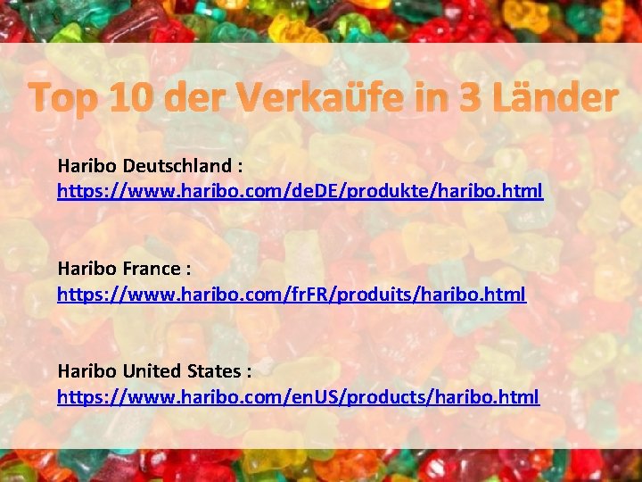Top 10 der Verkaüfe in 3 Länder Haribo Deutschland : https: //www. haribo. com/de.