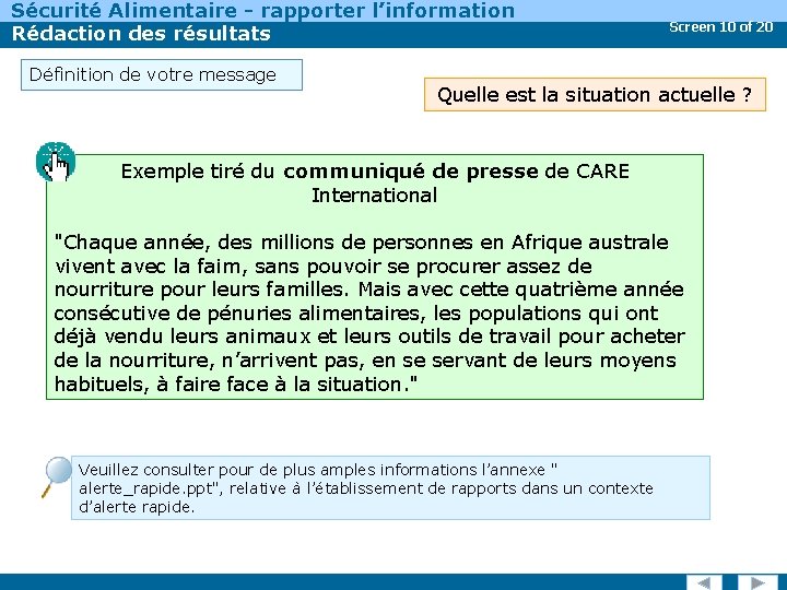Sécurité Alimentaire - rapporter l’information Rédaction des résultats Définition de votre message Screen 10