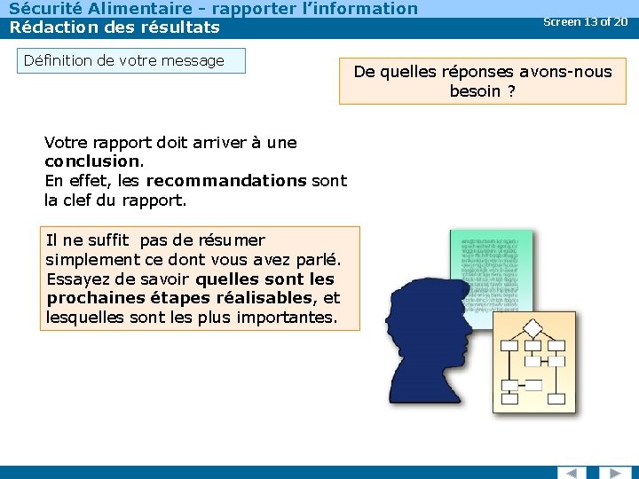 Sécurité Alimentaire - rapporter l’information Rédaction des résultats Définition de votre message Votre rapport