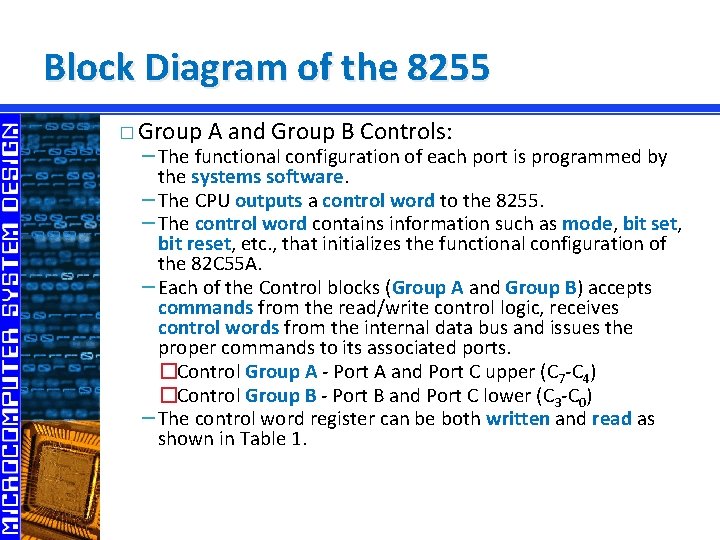 Block Diagram of the 8255 � Group A and Group B Controls: −The functional