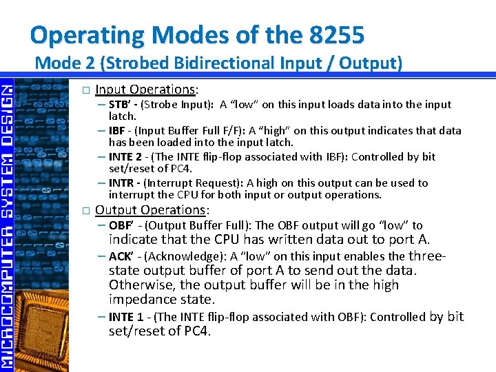 Operating Modes of the 8255 Mode 2 (Strobed Bidirectional Input / Output) � Input