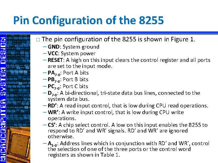 Pin Configuration of the 8255 � The pin configuration of the 8255 is shown