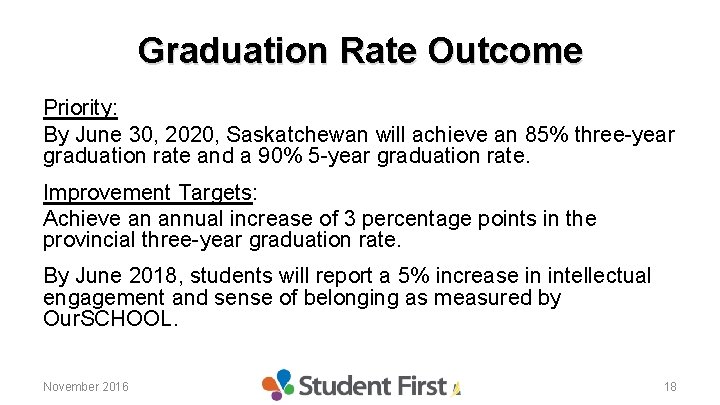 Graduation Rate Outcome Priority: By June 30, 2020, Saskatchewan will achieve an 85% three-year