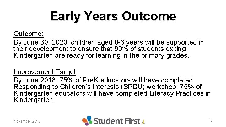 Early Years Outcome: By June 30, 2020, children aged 0 -6 years will be