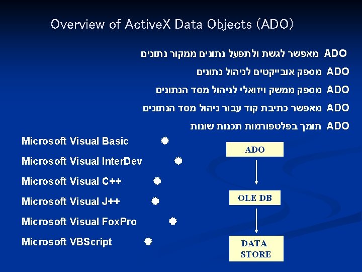 Overview of Active. X Data Objects (ADO) מאפשר לגשת ולתפעל נתונים ממקור נתונים ADO