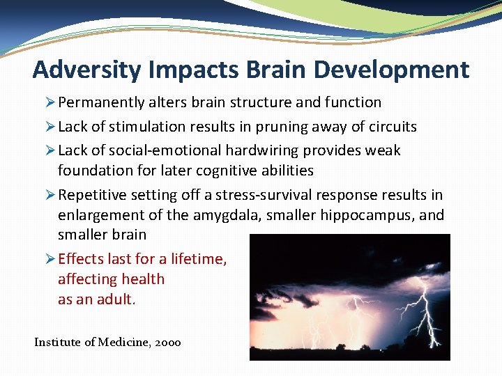 Adversity Impacts Brain Development Ø Permanently alters brain structure and function Ø Lack of