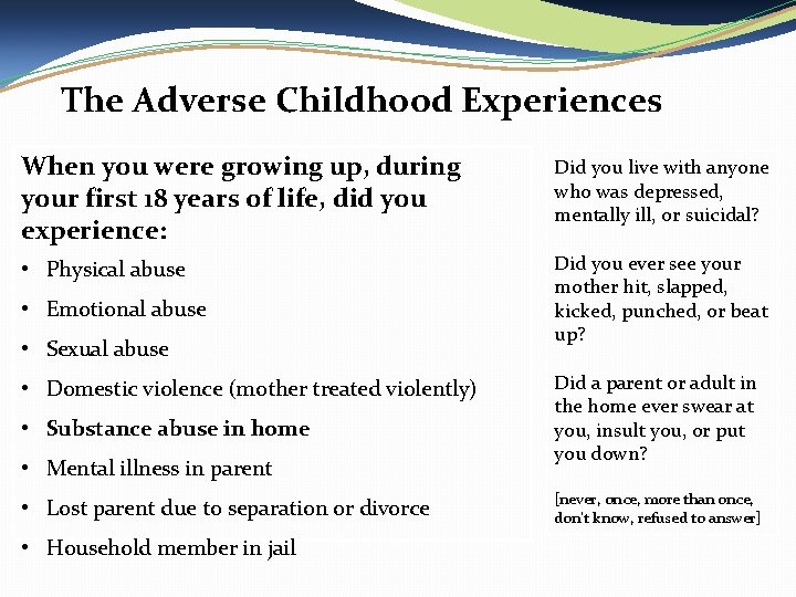 The Adverse Childhood Experiences When you were growing up, during your first 18 years