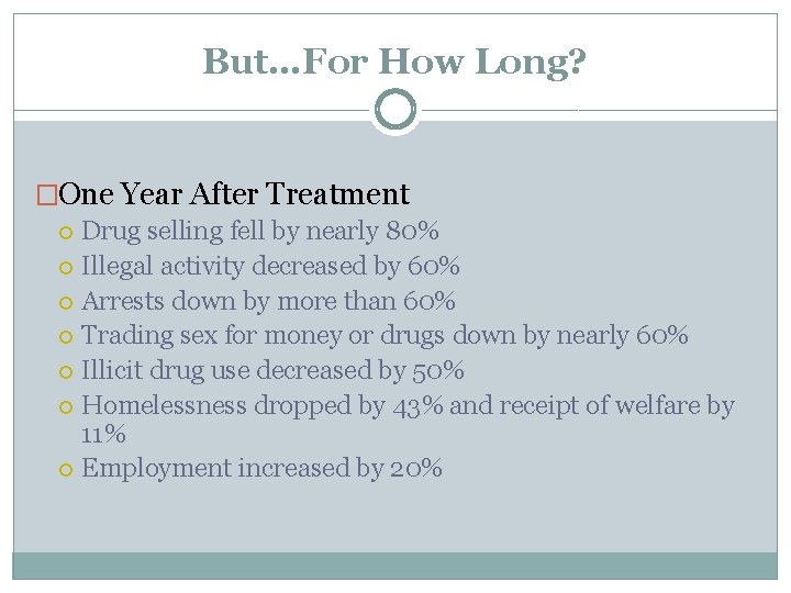 But…For How Long? �One Year After Treatment Drug selling fell by nearly 80% Illegal