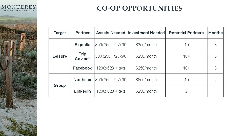 CO-OP OPPORTUNITIES Target Leisure Partner Assets Needed Investment Needed Potential Partners Months Expedia 300