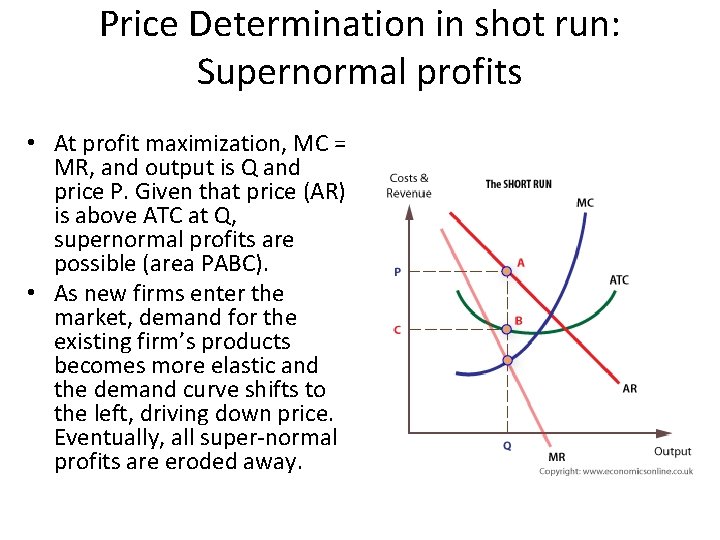 Price Determination in shot run: Supernormal profits • At profit maximization, MC = MR,