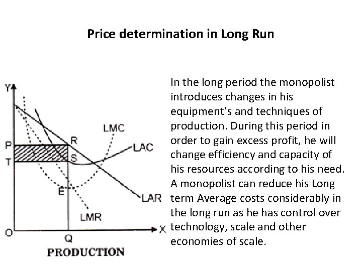 Price determination in Long Run In the long period the monopolist introduces changes in