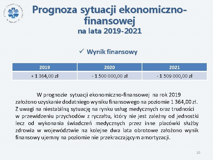 Prognoza sytuacji ekonomicznofinansowej na lata 2019 -2021 ü Wynik finansowy 2019 2020 2021 +