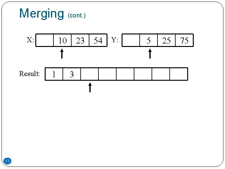 Merging (cont. ) X: Result: 11 10 1 23 3 54 Y: 5 25 Merging (cont. ) X: Result: 11 10 1 23 3 54 Y: 5 25