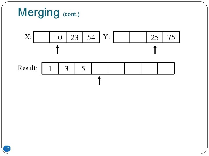 Merging (cont. ) X: Result: 12 10 1 54 Y: 23 3 5 25 Merging (cont. ) X: Result: 12 10 1 54 Y: 23 3 5 25