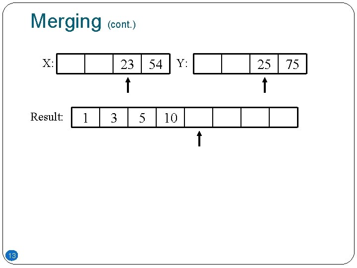 Merging (cont. ) X: Result: 13 54 Y: 23 1 3 5 10 25 Merging (cont. ) X: Result: 13 54 Y: 23 1 3 5 10 25
