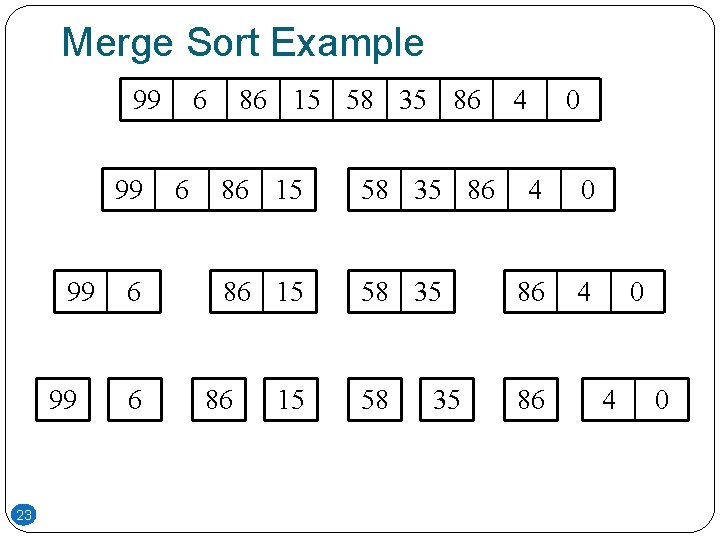 Merge Sort Example 99 99 23 6 6 86 15 58 35 86 86 Merge Sort Example 99 99 23 6 6 86 15 58 35 86 86