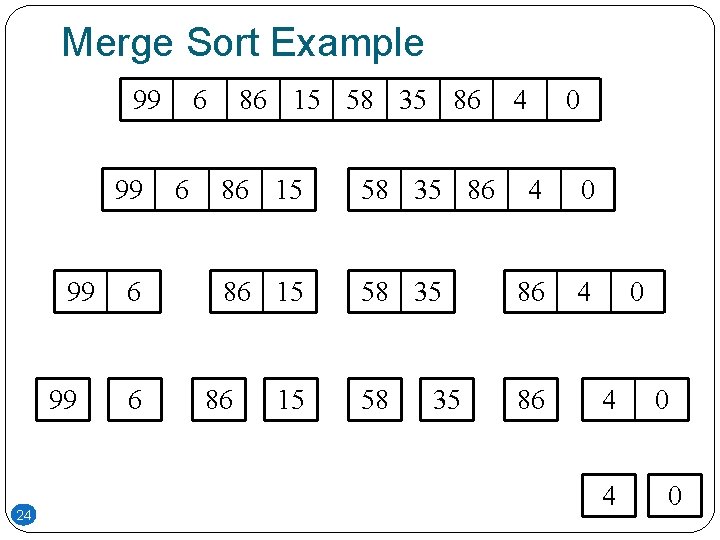 Merge Sort Example 99 99 24 6 6 86 15 58 35 86 86 Merge Sort Example 99 99 24 6 6 86 15 58 35 86 86