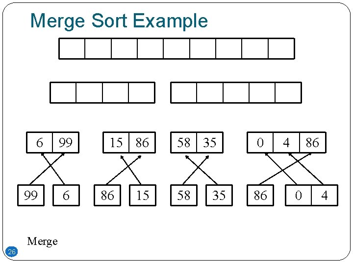 Merge Sort Example 6 99 Merge 26 99 6 15 86 86 15 58 Merge Sort Example 6 99 Merge 26 99 6 15 86 86 15 58