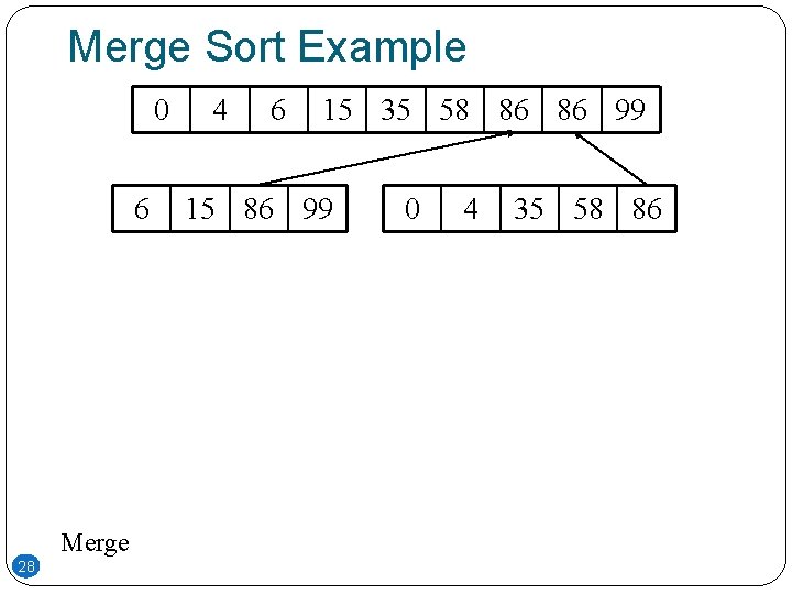 Merge Sort Example 0 6 Merge 28 4 6 15 35 58 86 86 Merge Sort Example 0 6 Merge 28 4 6 15 35 58 86 86