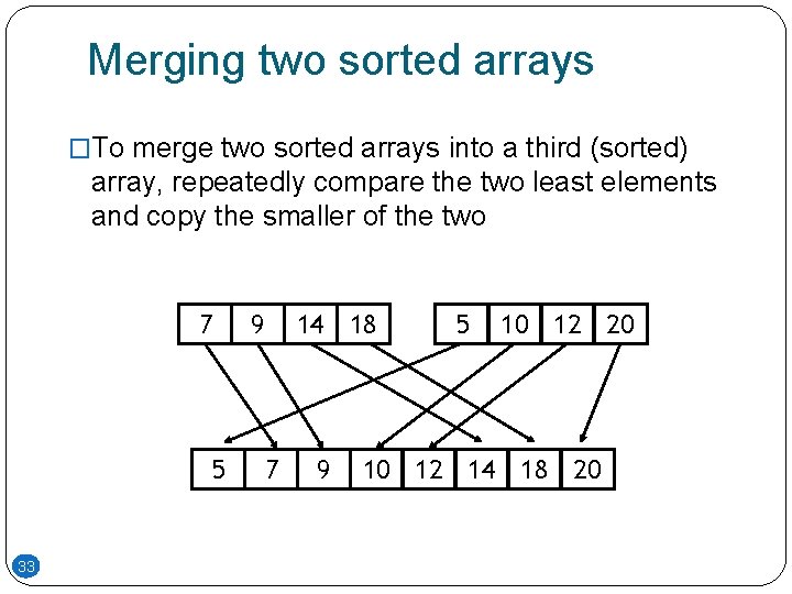 Merging two sorted arrays �To merge two sorted arrays into a third (sorted) array, Merging two sorted arrays �To merge two sorted arrays into a third (sorted) array,