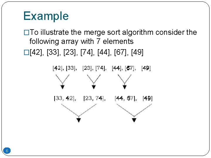 Example �To illustrate the merge sort algorithm consider the following array with 7 elements Example �To illustrate the merge sort algorithm consider the following array with 7 elements