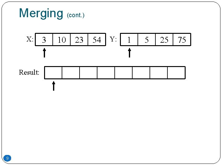 Merging (cont. ) X: Result: 9 3 10 23 54 Y: 1 5 25 Merging (cont. ) X: Result: 9 3 10 23 54 Y: 1 5 25