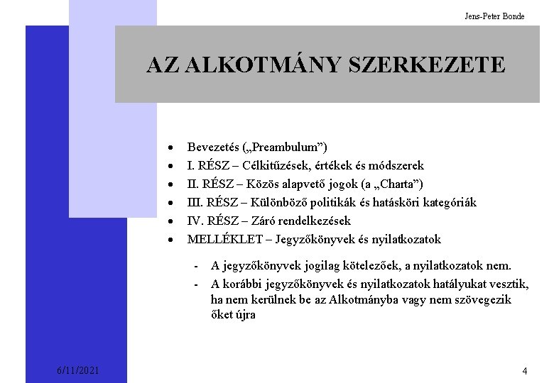 Jens-Peter Bonde AZ ALKOTMÁNY SZERKEZETE · · · Bevezetés („Preambulum”) I. RÉSZ – Célkitűzések,