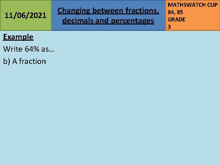 11/06/2021 Example Write 64% as… b) A fraction Changing between fractions, decimals and percentages