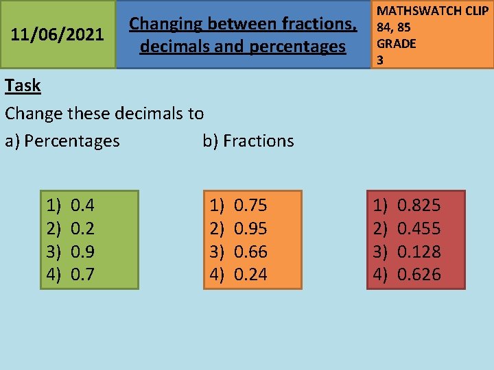 11/06/2021 Changing between fractions, decimals and percentages MATHSWATCH CLIP 84, 85 GRADE 3 Task