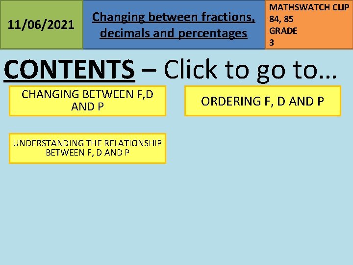 11/06/2021 Changing between fractions, decimals and percentages MATHSWATCH CLIP 84, 85 GRADE 3 CONTENTS