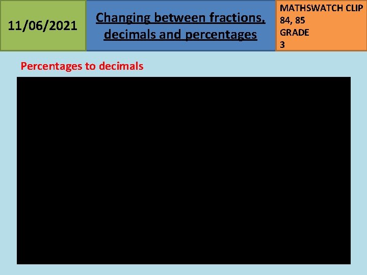 11/06/2021 Changing between fractions, decimals and percentages Percentages to decimals MATHSWATCH CLIP 84, 85