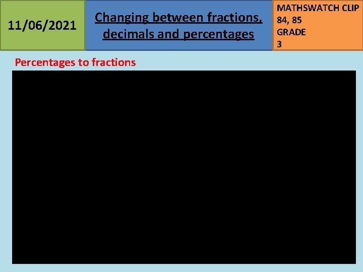 11/06/2021 Changing between fractions, decimals and percentages Percentages to fractions MATHSWATCH CLIP 84, 85