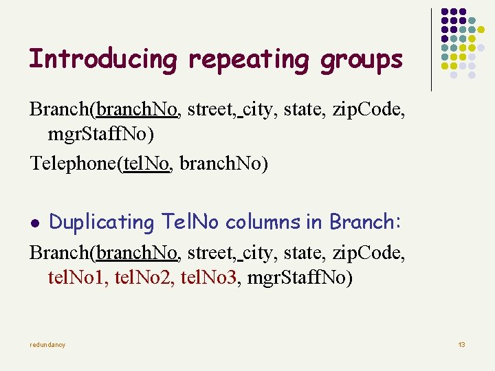 Introducing repeating groups Branch(branch. No, street, city, state, zip. Code, mgr. Staff. No) Telephone(tel.