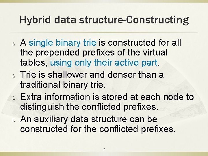 Hybrid data structure-Constructing ß ß A single binary trie is constructed for all the